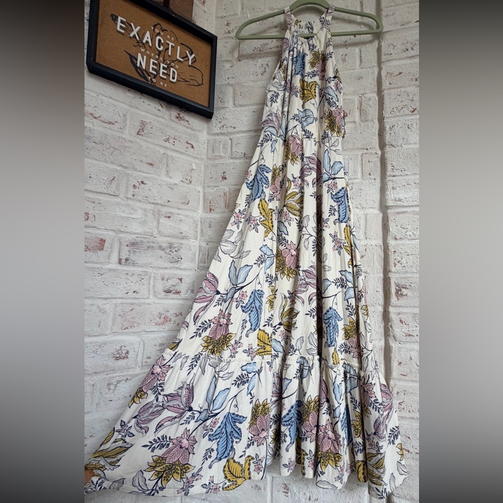 Rachel Zoe Floral Halter Maxi Dress in Cream with Blue, Pink & Yellow Print